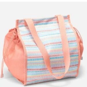 Thirty One Cinch Tote Bag Peach Multicolor Stripe Beach Travel